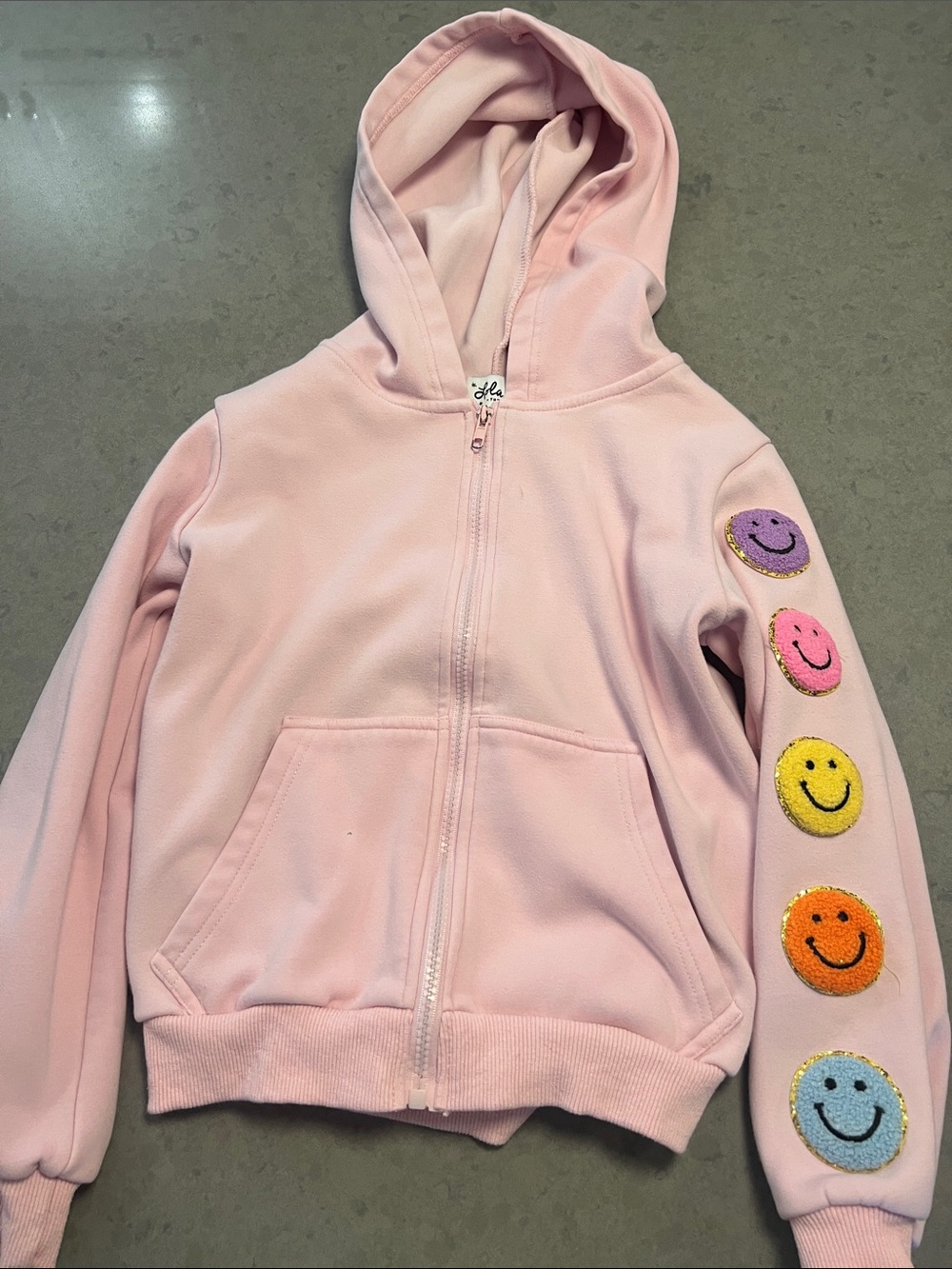 Lola + The Boys Light Pink Hoodie with Colorful Smiley Sleeve Patches